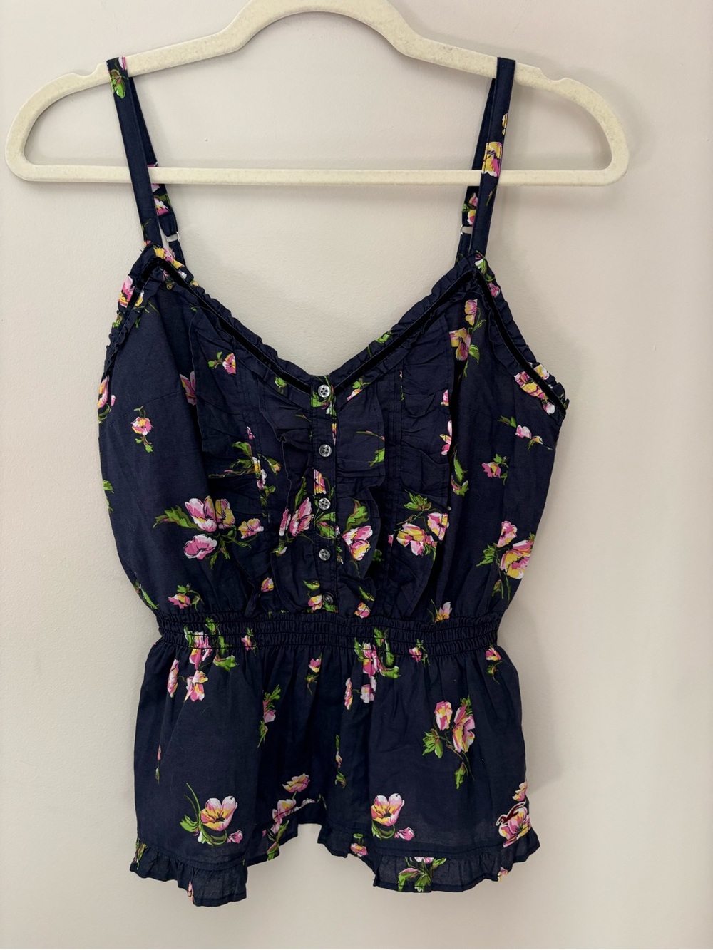 Vintage Hollister Navy Floral Peplum Tank with Pink Accents